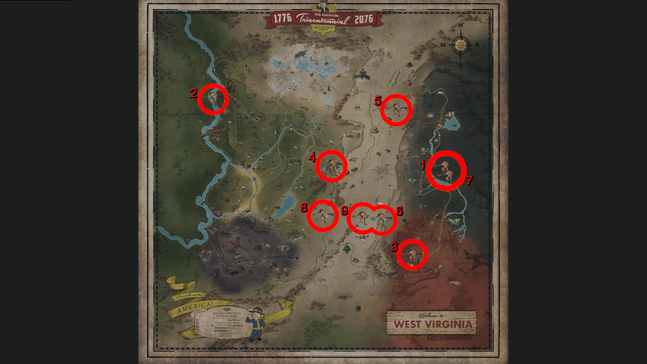 Miejsca pojawiania się Szponów Śmierci w Fallout 76 Fallout-76-Szpon Śmierci-Spawn-Lokalizacje-Mapa-1