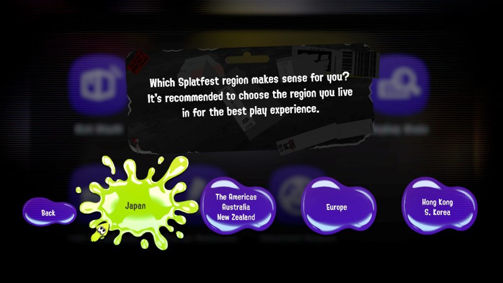 Menu zmiany regionu Splatfest