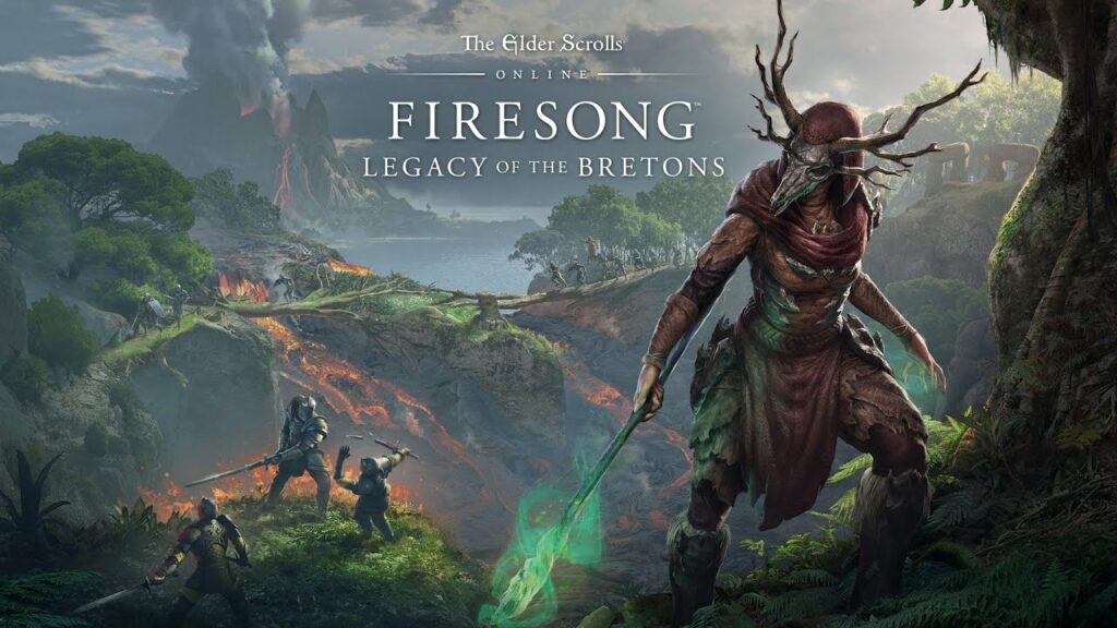 The Elder Scrolls Online Firesong debiutuje na konsolach The artwork for The Elder Scrolls Online Firesong expansion DLC. It includes a druid wearing a dear skull mask holding a staff. In the background one knight is struck down by a bigger knight while another hesitates to attack the big knight.