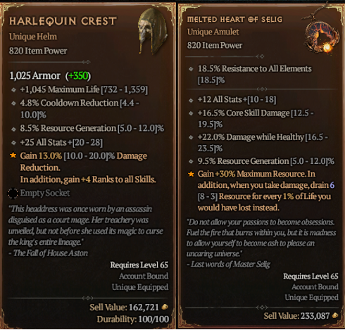 Harlequin Crest i Melted Heart of Selig ultra rzadkie unikaty w Diablo 4