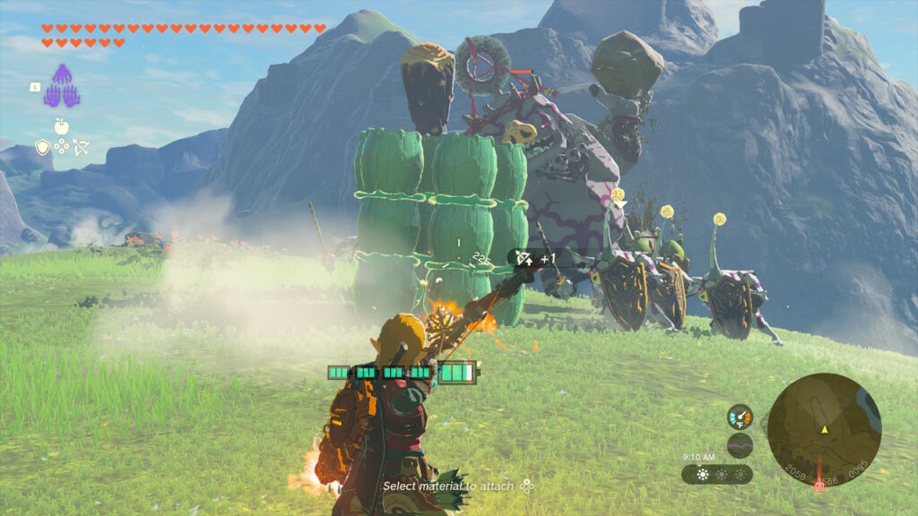 Link uses the giant barrel bomb autobuild to defeat a silver boss bokoblin in Tears of the Kingdom.