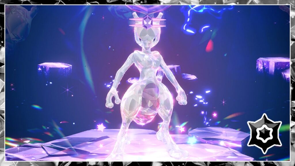 Psychiczna Tera typu Mewtwo otoczona czarną kryształową obwódką.