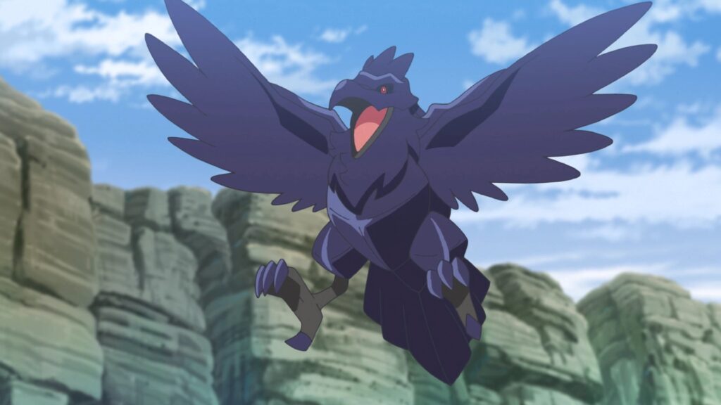 Corviknight Amethio, jak pojawia się w anime Pokémon.