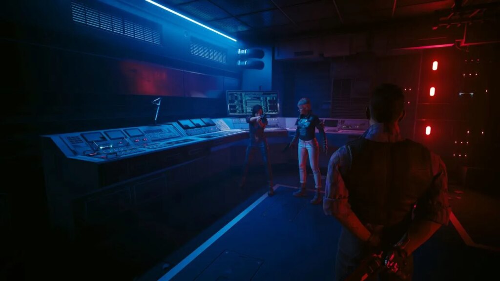 Czy w Cyberpunku 2077 stanąć po stronie Bree czy Dantego? Przewodnik po zdjęciach z obu stron Image showcasing Bree and Dante in Cyberpunk 2077. The main player character is in a standoff stance.