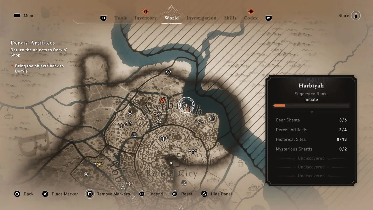 Jak zdobyć skrzynię z wyposażeniem Upper Harbor w grze Assassin's Creed Mirage Skrzynia ze sprzętem w górnym porcie na mapie w AC-Mirage