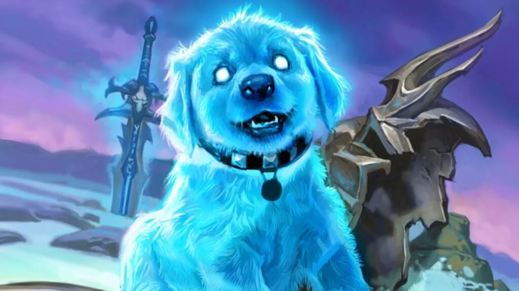 Jak zdobyć zwierzaka bojowego Arfus w World of Warcraft: Dragonflight i WoTLK Classic A blue spectral puppy, Arfus, sat happily on snowy ground. He's sat next to a seemingly abandoned Frostmoune and broken Helm of Domination