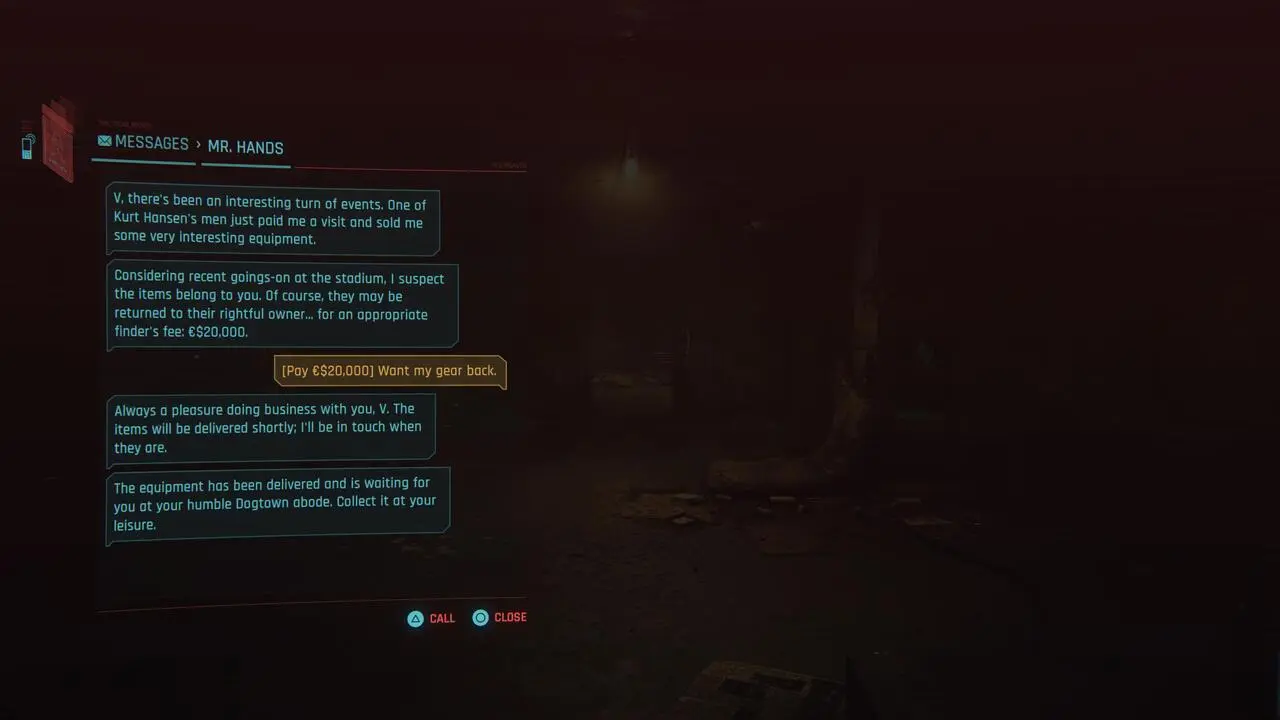 Przewodnik po grze Cyberpunk 2077 Dirty Second Hands: Jak zdobyć swój sprzęt z rąk pana Cyberpunk-2077-Mr-Hands-Gear-Quest-Text