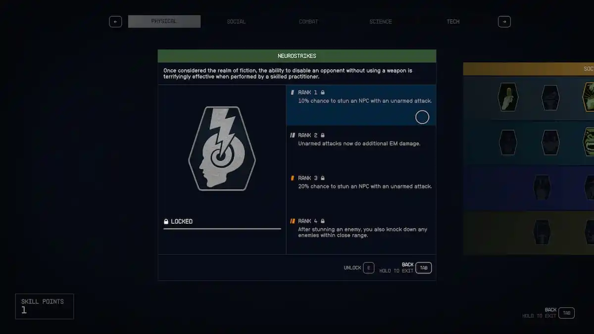 Przewodnik poziomowania Starfield Neurostrikes | Najlepsze miejsca do ogłuszania wrogów atakami bez broni Umiejętność Starfield-Neurostrikes
