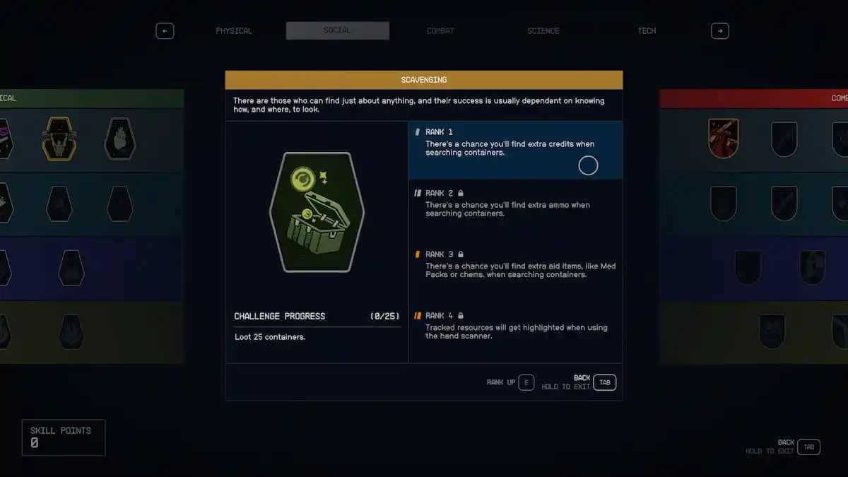 Przewodnik poziomowania Starfield Scavenging | Najlepsze miejsca na łupy z kontenerów Umiejętność Starfield-Scavenging-Umiejętność