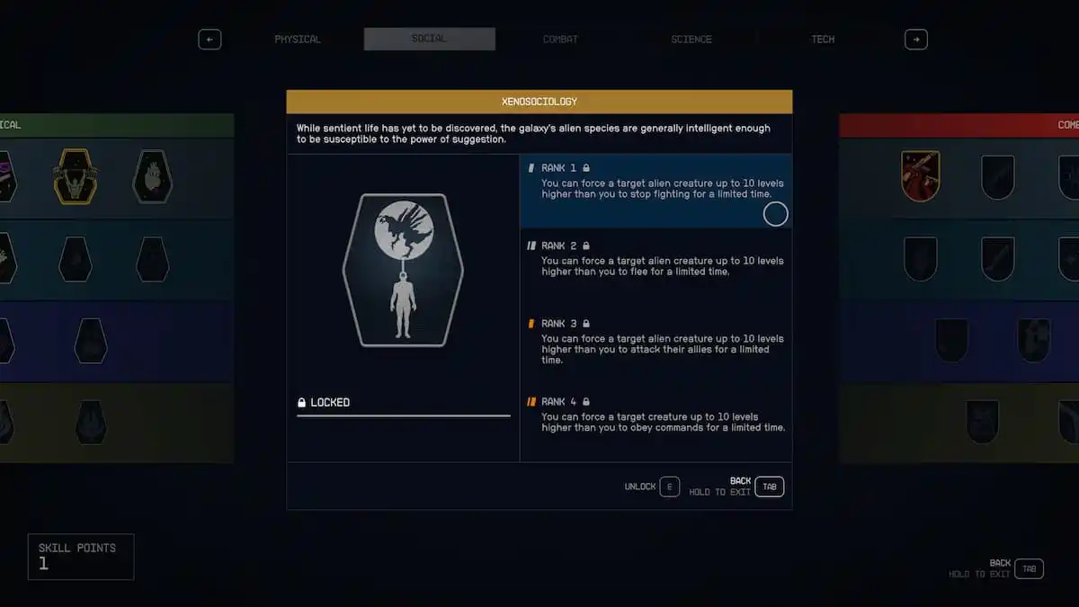 Przewodnik poziomowania ksenosocjologii Starfield | Jak uspokoić obce stworzenia Starfield-Ksenosocjologia-Umiejętność