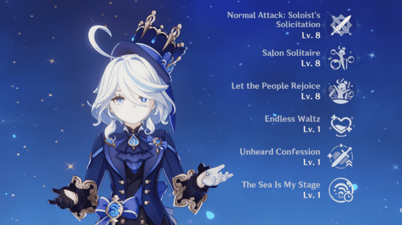 Furina na ekranie Talentów.  Jej talenty bojowe są na poziomie 8.