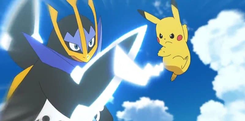 Empoleon walczący z Pikachu w anime Pokémon.