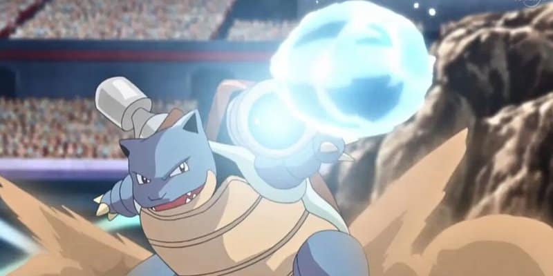 Blastoise w anime Pokémon używając Hydro Pompy.