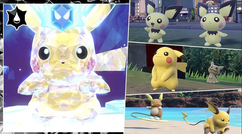 Obraz promocyjny z Pokémon Scarlet & Violet. Terastallized Pikachu stoi szczęśliwie po lewej. Po prawej, w kolejności malejącej: dwa Pichu, Pikachu i Mimikyu oraz Alolan Raichu i Raichu.