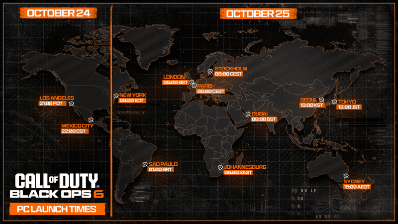 Mapa PC z godzinami globalnych premier Black Ops 6.